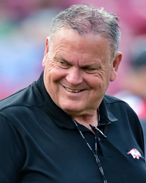 Razorbacks coach Sam Pittman during last spring practice Saturday inside Razorback Stadium.